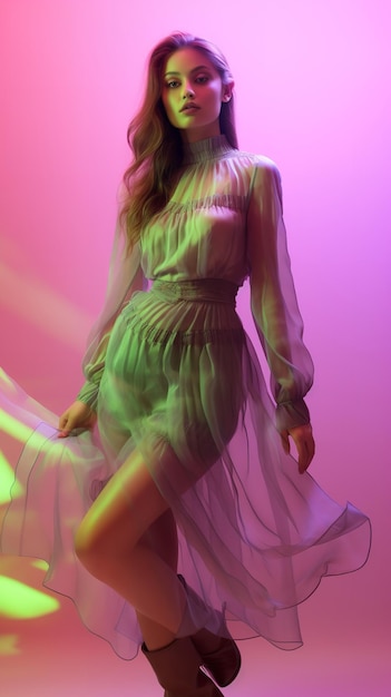 A young woman posing for photoshoot with a neon light backdrop Generative AI