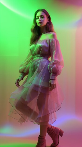 A young woman posing for photoshoot with a neon light backdrop Generative AI