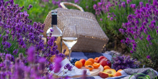 A young woman pours wine into a glass on a lavender fieldNature