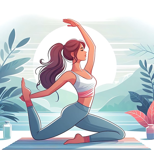 Young woman practices yoga Physical and spiritual practice Vector illustration