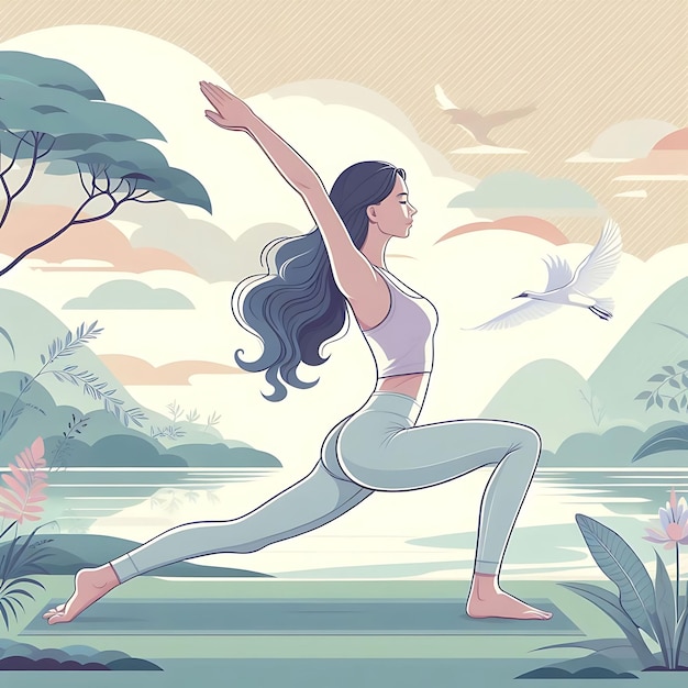 Photo young woman practices yoga physical and spiritual practice vector illustration