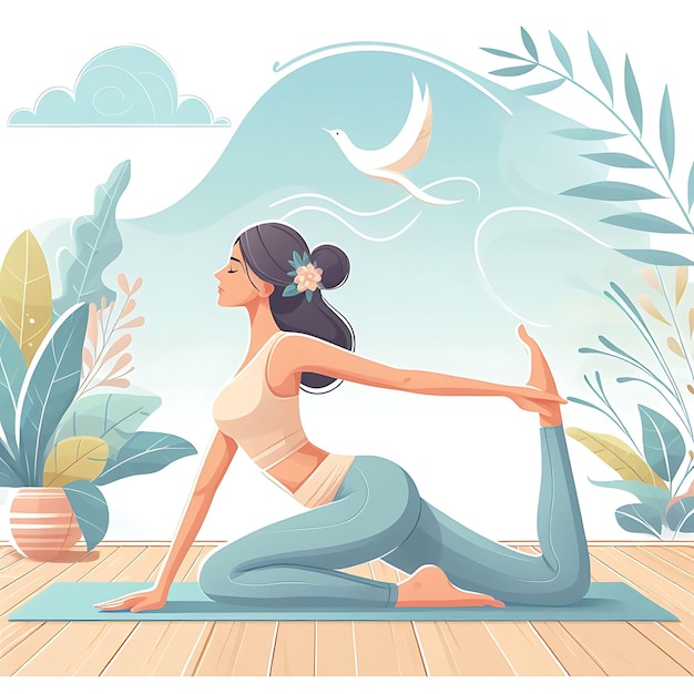 Photo young woman practices yoga physical and spiritual practice vector illustration
