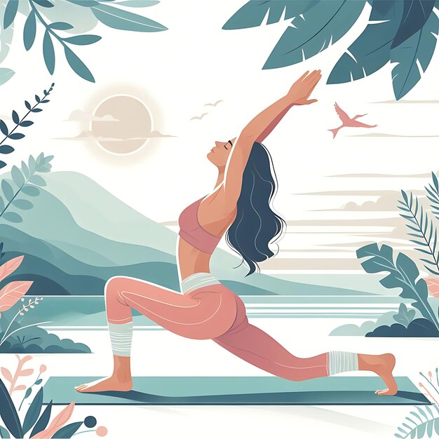 Young woman practices yoga Physical and spiritual practice Vector illustration