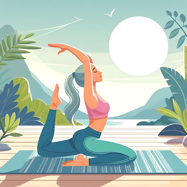 Young woman practices yoga Physical and spiritual practice Vector illustration