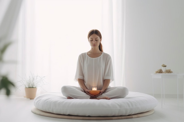 Young woman practices yoga sitting in the lotus position in a minimalist environment Ai generated