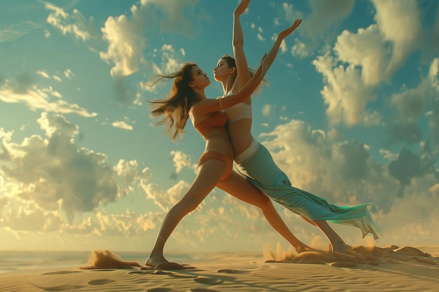 Young woman practicing acroyoga poses with a partn