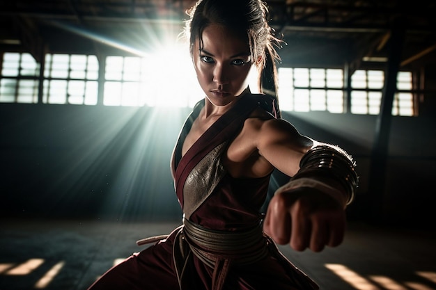 Photo a young woman practicing martial arts at the gym dramatic intense lighting