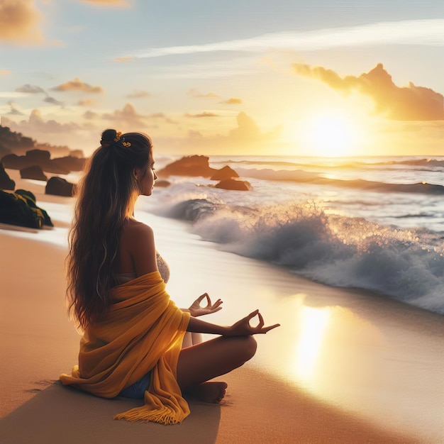 Молодая женщина практикует йогу на пляже при заходе солнца Концепция йоги