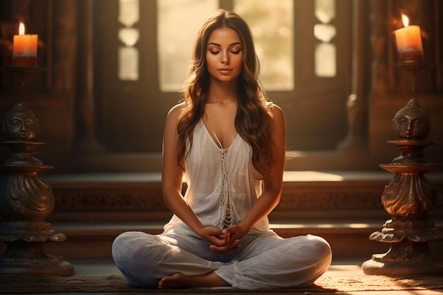 Foto giovane donna che pratica yoga che fa handstand in palestra di alta qualità