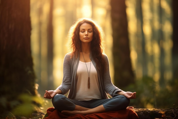 Young woman practicing yoga in the forest at sunset Yoga concept Ai Generated