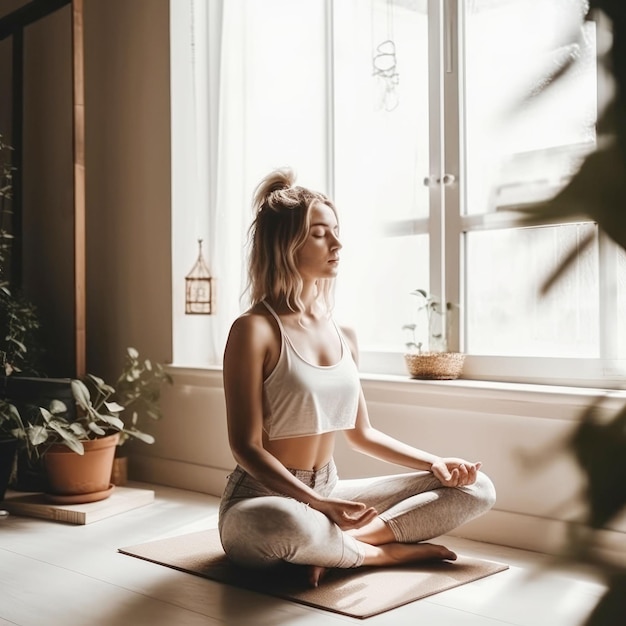 Young woman practicing yoga at home generative ai