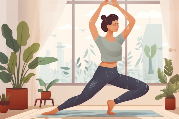 Young woman practicing yoga at home Vector illustration in flat style Energetic woman stretching leg and exercising yoga at home AI Generated