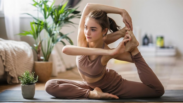 Young woman practicing yoga at home