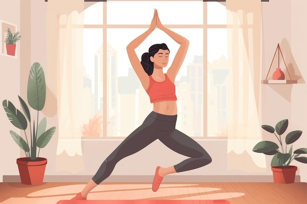 Young woman practicing yoga in the living room at home vector illustration Energetic woman stretching leg and exercising yoga at home AI Generated