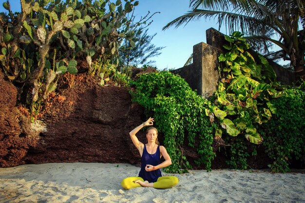 Yoga di pratica della giovane donna sopra all'aperto