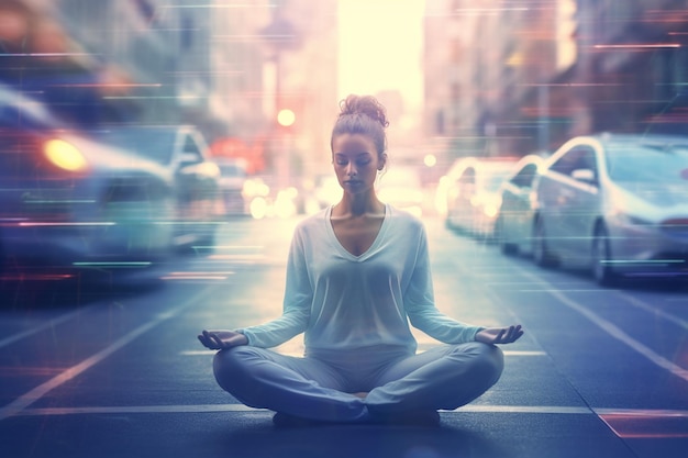 Young woman practicing yoga on the road in the city at night