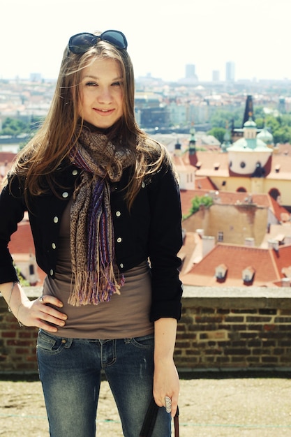 Young woman in Prague. Happy Travel.