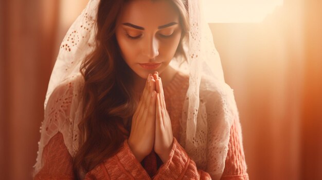 young woman praying in church Generative AI