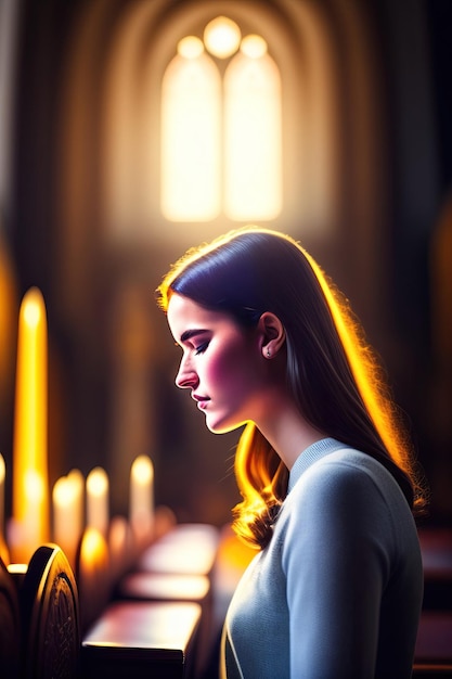 Foto giovane donna che prega dio in chiesa fede nella religione e credenza in dio potere di speranza o amore e devozione