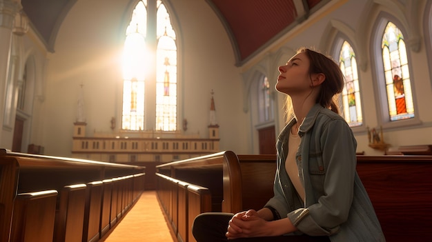 한 젊은 여성이 교회에서 기도하고 있다
