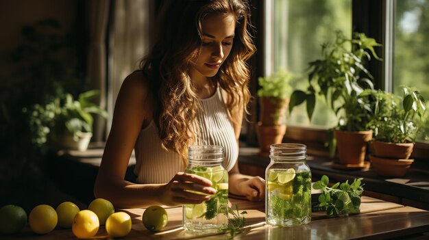 Молодая женщина готовит воду со свежей огурцовой мятой и лимоном на освещенной солнцем кухне