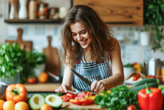 A young woman prepares a vibrant vegan meal arranging fresh vegetables and fruits on a wooden cuttin