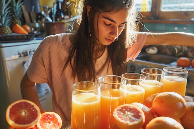 Young Woman Preparing Fresh Orange Juice in Sunlit Kitchen Healthy Homemade Beverage Concept