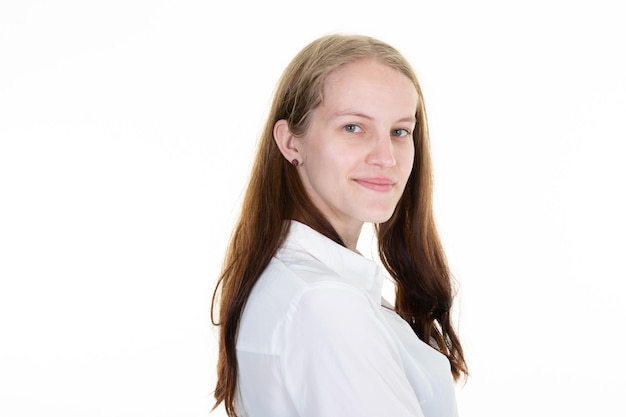 Young woman profile portrait in white shirt with copy space