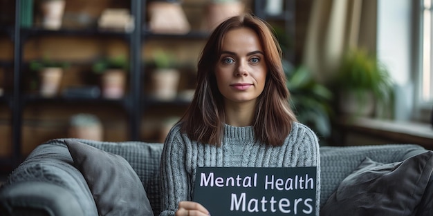 Young Woman Promoting Mental Health Awareness Sitting on a Couch Holding Mental Health Matters Sign