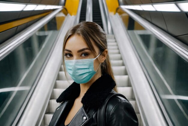 Young woman in protective sterile medical mask at subway escalator Female wear face mask protect fro