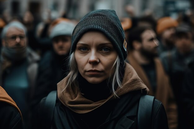 Young Woman in a Protesting Crowd The crowd gathered to protest generative ai