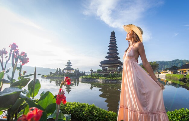 Young woman  at the Pura Ulun Danu Bratan, Bali