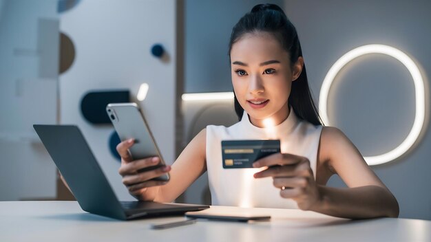 Young woman purchasing online using her smartphone and a credit card