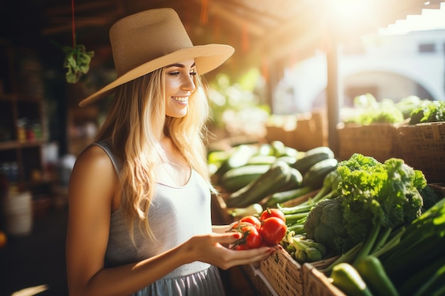 Young woman purchasing vegetables at street stall