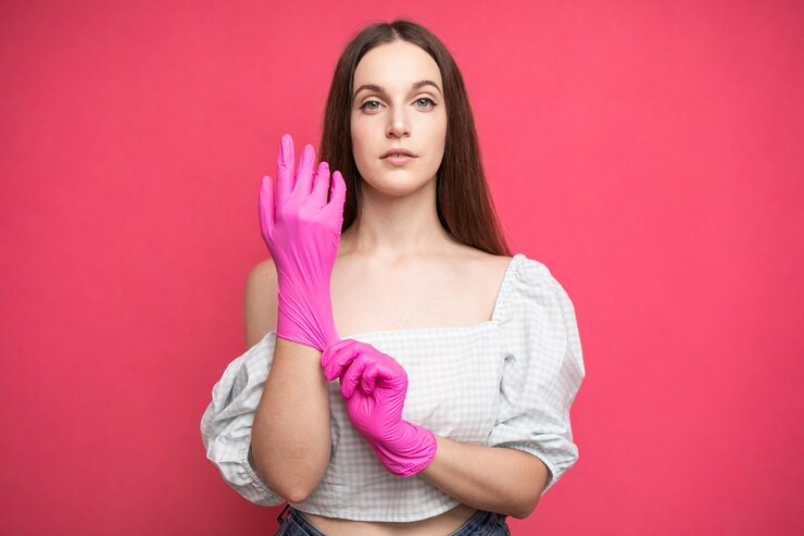 若い女性は、ピンクの背景に分離された彼女の腕に保護外科用滅菌手袋を着用します