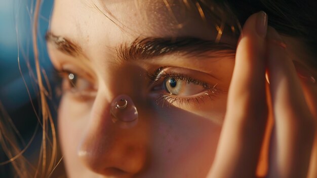 Young woman putting contact lens in her eye on blurred background closeup Generative AI