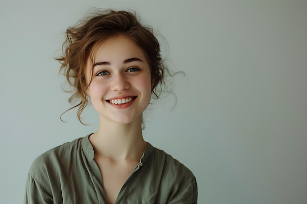 Молодая женщина излучает счастье улыбкой