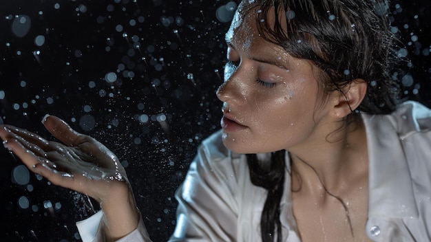 Young woman in the rain getting wet through wet clothes and water running down her face beautiful br