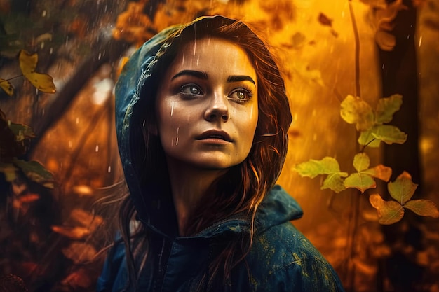 Young woman in a raincoat in the autumn forest