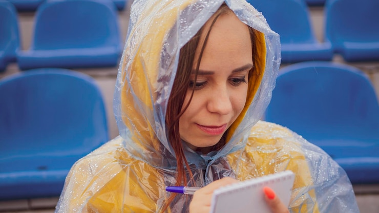 Photo young woman in raincoat with notepad pen sitting on stadium bleachers alone in rainy weather female journalist writing down notes during sports training at street stadium
