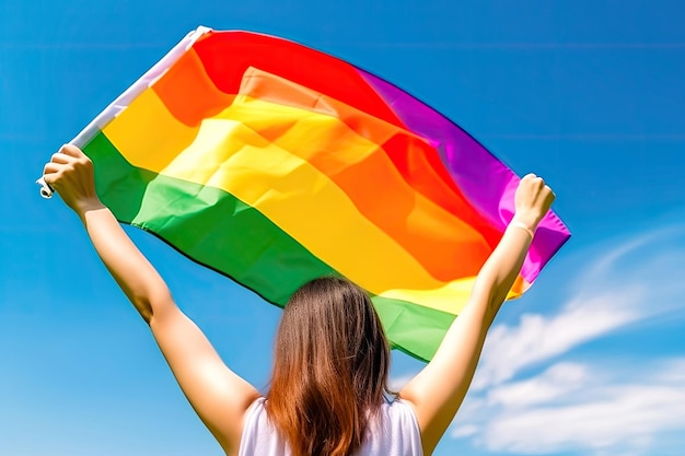 Young woman raising the LGBT pride flag with confidence Generative AI
