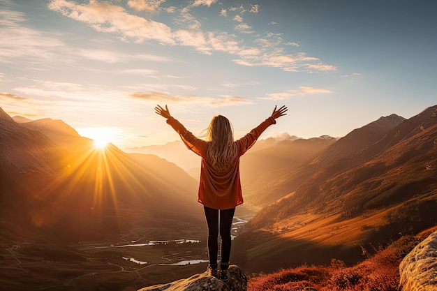 Young woman reaching for mountains at sunset surrounded by a beautiful landscape