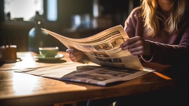 写真 カフェで新聞を読んでいる若い女性クローズアップジェネレーティブai