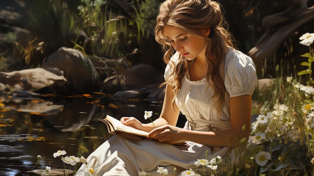 young woman reading book in autumn forest