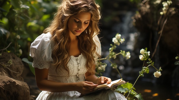 young woman reading book in autumn forest