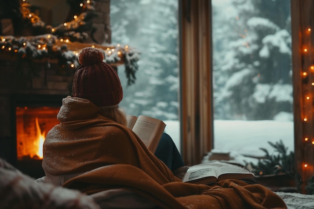 Photo young woman reading book by christmas fireplace and window at home winter cozy lifestyle