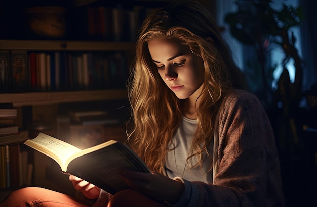 Young woman reading a book on a couch by candles