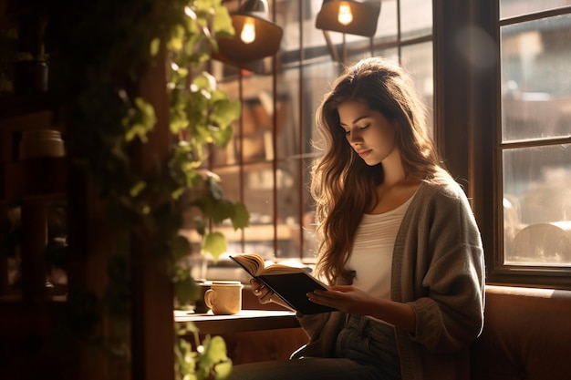 Young woman reading a book in a cozy coffee shop with large windows