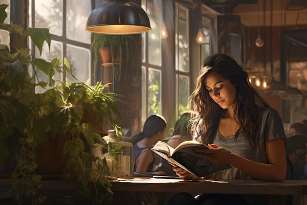 Photo young woman reading a book in a cozy coffee shop with large windows