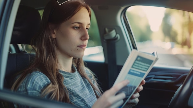 Foto giovane donna che legge un libro in un'auto senza conducente auto senza conducente veicoli a guida autonoma display a testa alta tecnologia automobilistica
